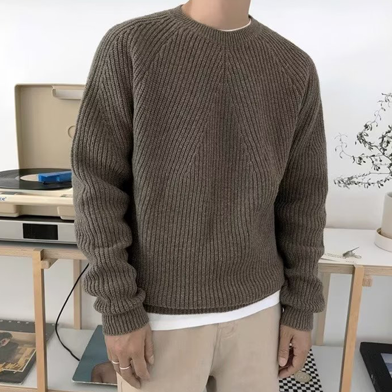 ストリートファッションメンズニットセーター春秋カジュアル無地 - Ribbed Knit Sweater のレビューと価格
