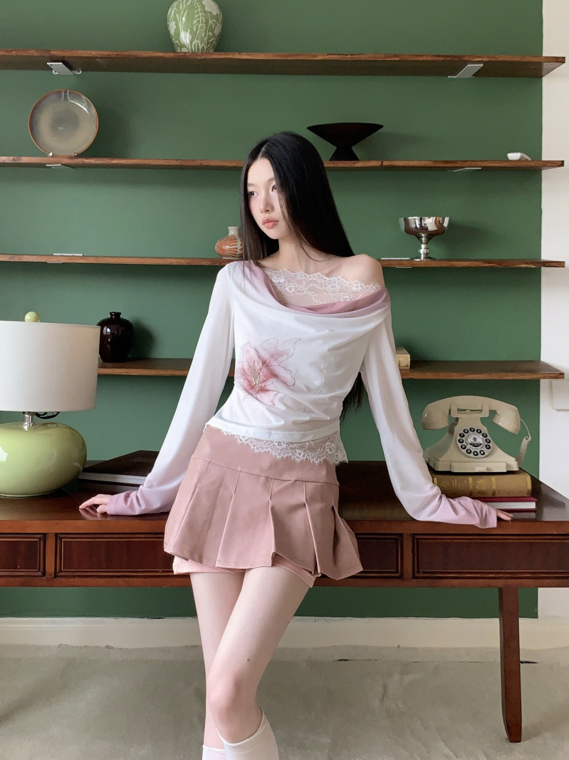ロマンチックなレーストリム長袖Tシャツショートスタイルサイド - Women'S Young Fashion のレビューと価格