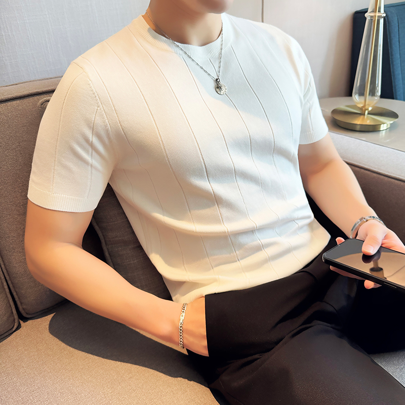 メンズ半袖ラウンドネックセーター,スリムフィットTシャツ,伸 - Ribbed Knit Sweater のレビューと価格