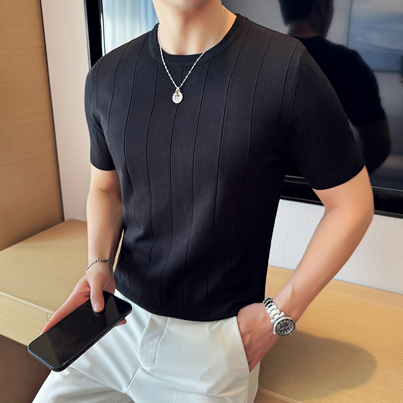 メンズ半袖ラウンドネックセーター,スリムフィットTシャツ,伸 - Ribbed Knit Sweater のレビューと価格