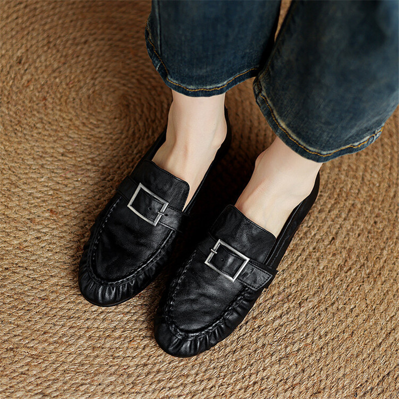 女性用本革モカシン,丸いつま先の靴,プリーツパンプス,厚手の - Women'S Fashion Footwear のレビューと価格