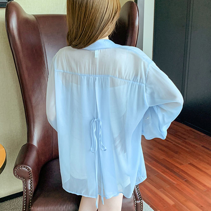 タイバックボタンダウンシャツ女性半薄手シフォン長袖襟付きオー - Wrap Blouse Chiffon のレビューと価格