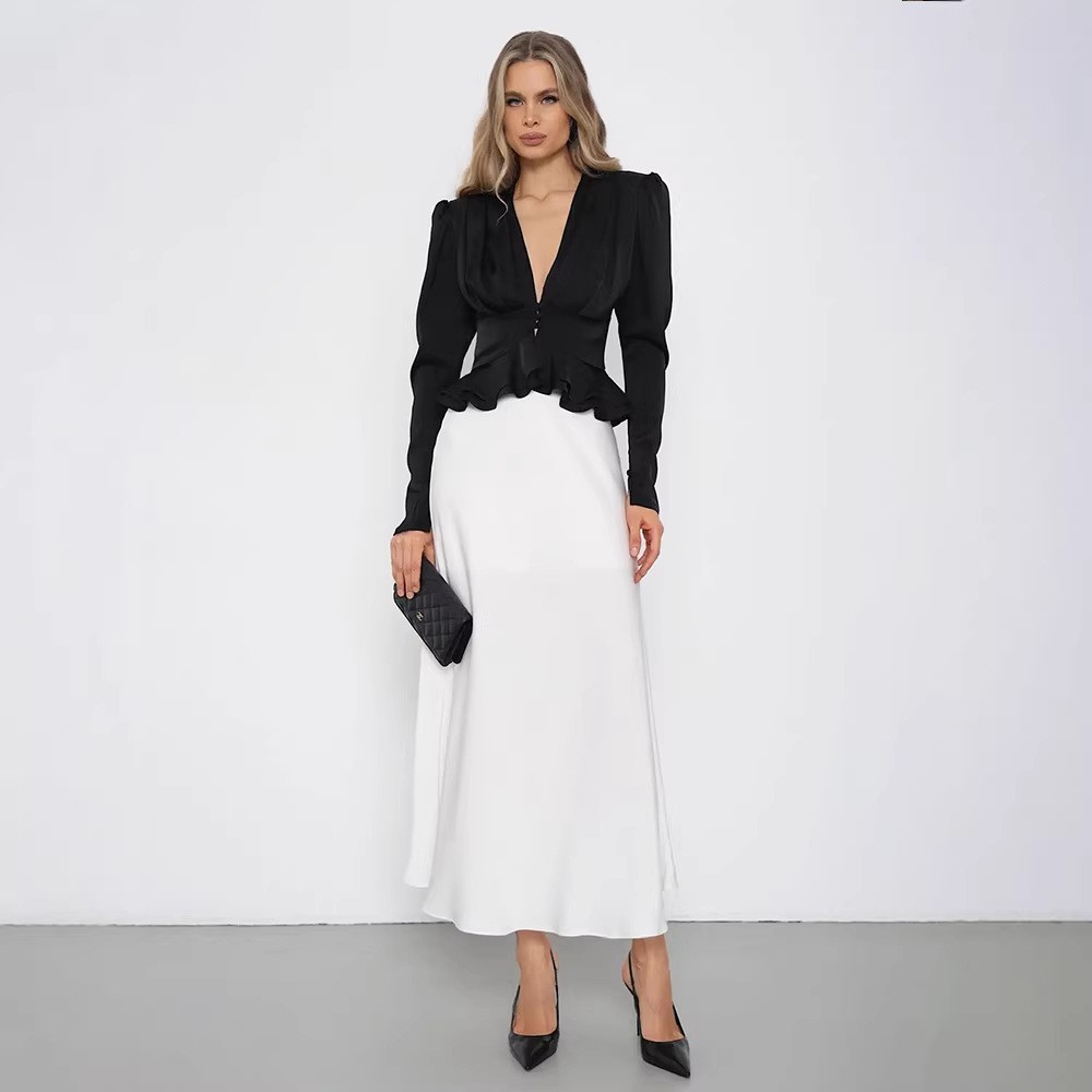 女性用ブラウス、Vネック、長袖、無地、ペプラムヘム、ボタンフ - Wrap Blouse Chiffon のレビューと価格