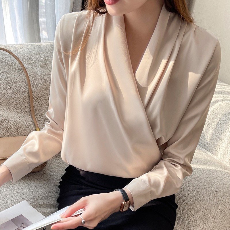 女性用ラップVネックサテンブラウス長袖エレガントオフィス通勤 - Wrap Blouse Chiffon のレビューと価格