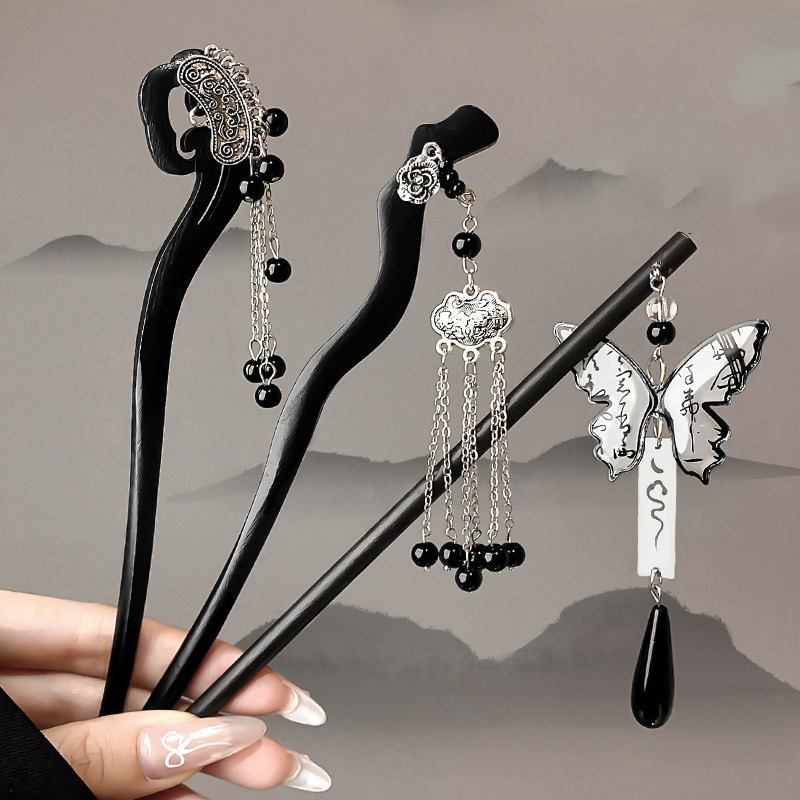 1pc 中国古代スタイル水墨画木製ヘアピンハイエンドタッセル - Women Fashion Hair Style のレビューと価格