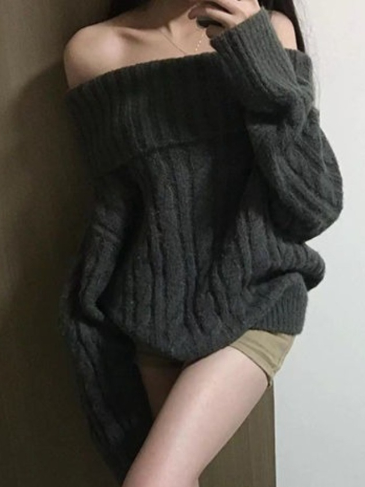 フレンチデザイングレーオフショルダーニットセーター女性特大シ - Women'S Fashion Designer Clothes のレビューと価格