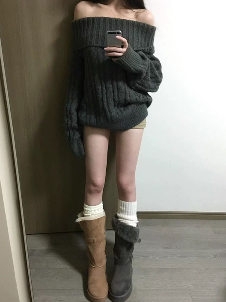 フレンチデザイングレーオフショルダーニットセーター女性特大シ - Women'S Fashion Designer Clothes のレビューと価格