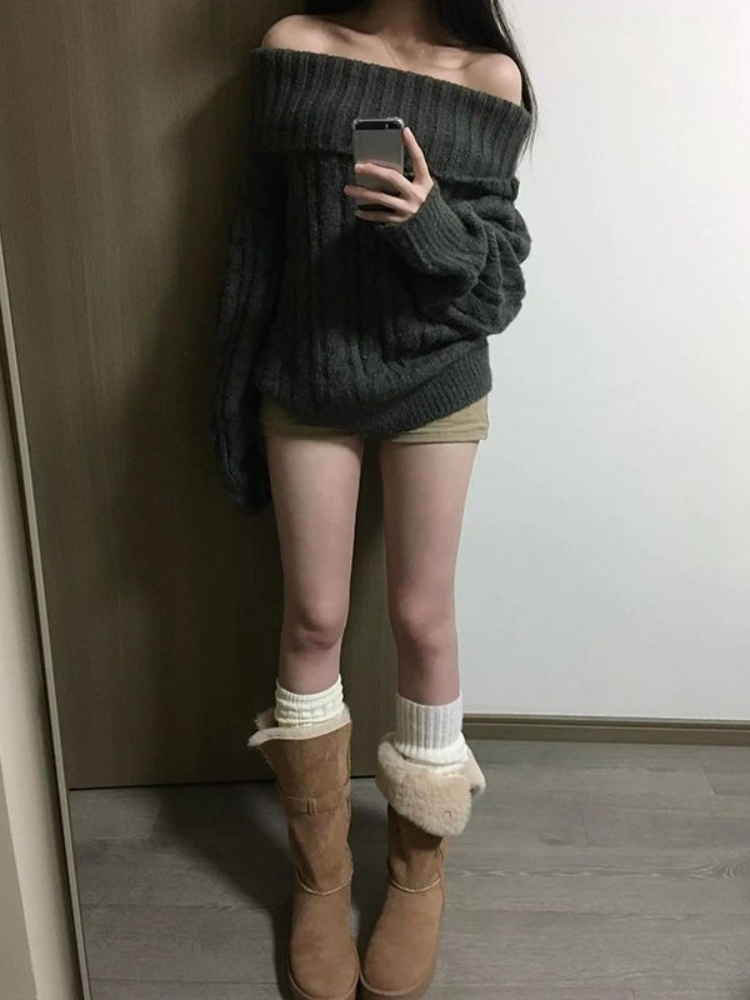 フレンチデザイングレーオフショルダーニットセーター女性特大シ - Women'S Fashion Designer Clothes のレビューと価格