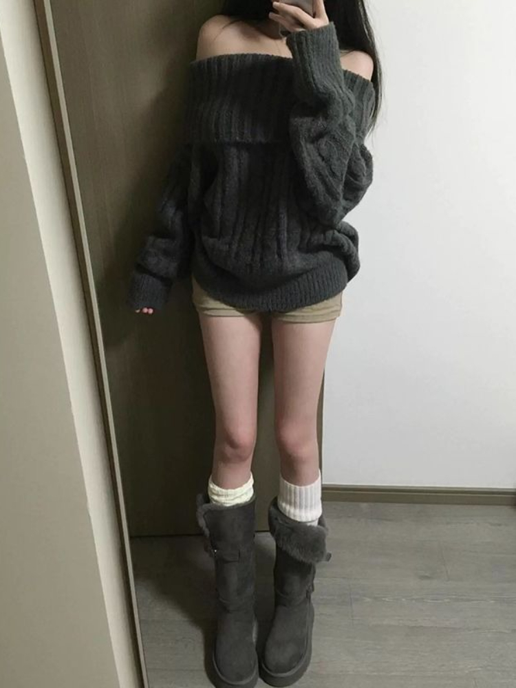 フレンチデザイングレーオフショルダーニットセーター女性特大シ - Women'S Fashion Designer Clothes のレビューと価格