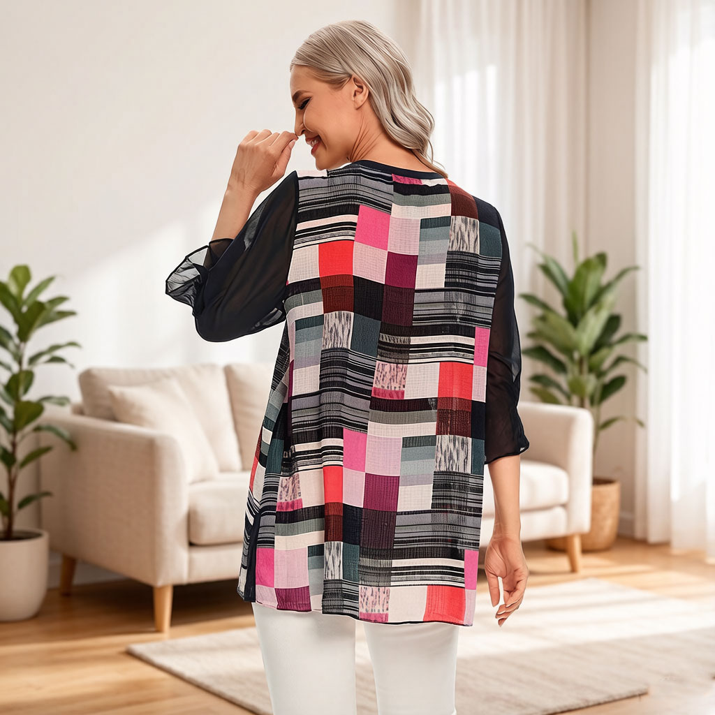 女性用カラーブロック幾何学模様プリントブラウス、シフォン素材 - Wrap Blouse Chiffon のレビューと価格