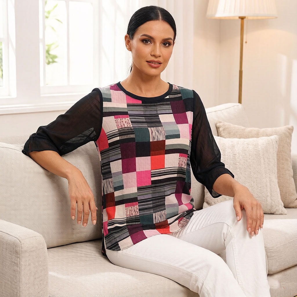 女性用カラーブロック幾何学模様プリントブラウス、シフォン素材 - Wrap Blouse Chiffon のレビューと価格