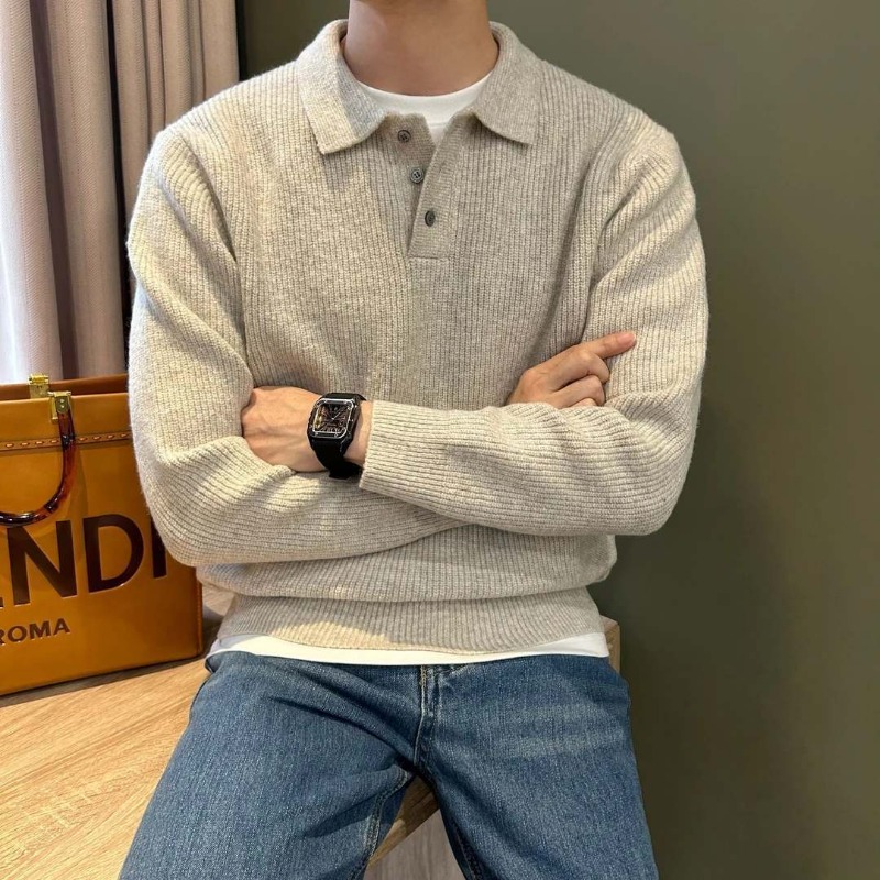 メンズラペルカラーシングルボタンリブカフス長袖ソリッドニット - Ribbed Knit Sweater のレビューと価格