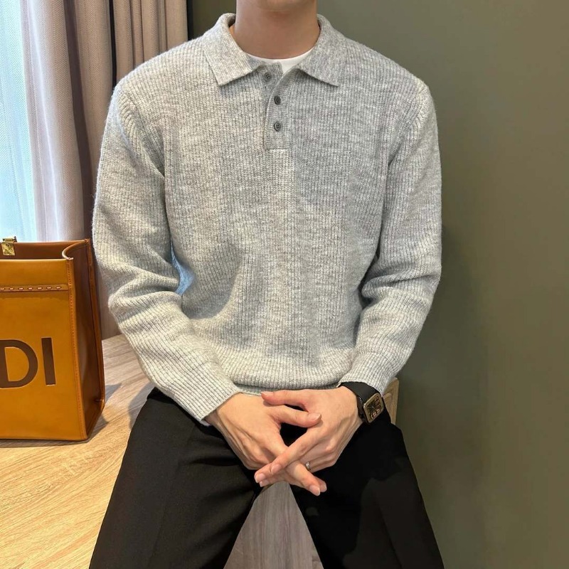 メンズラペルカラーシングルボタンリブカフス長袖ソリッドニット - Ribbed Knit Sweater のレビューと価格